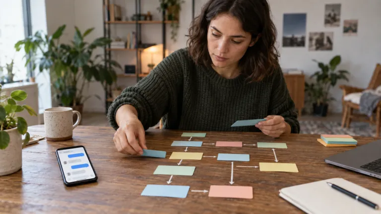 A product designer laying out a branching chatbot decision flow with color-coded cards on a table