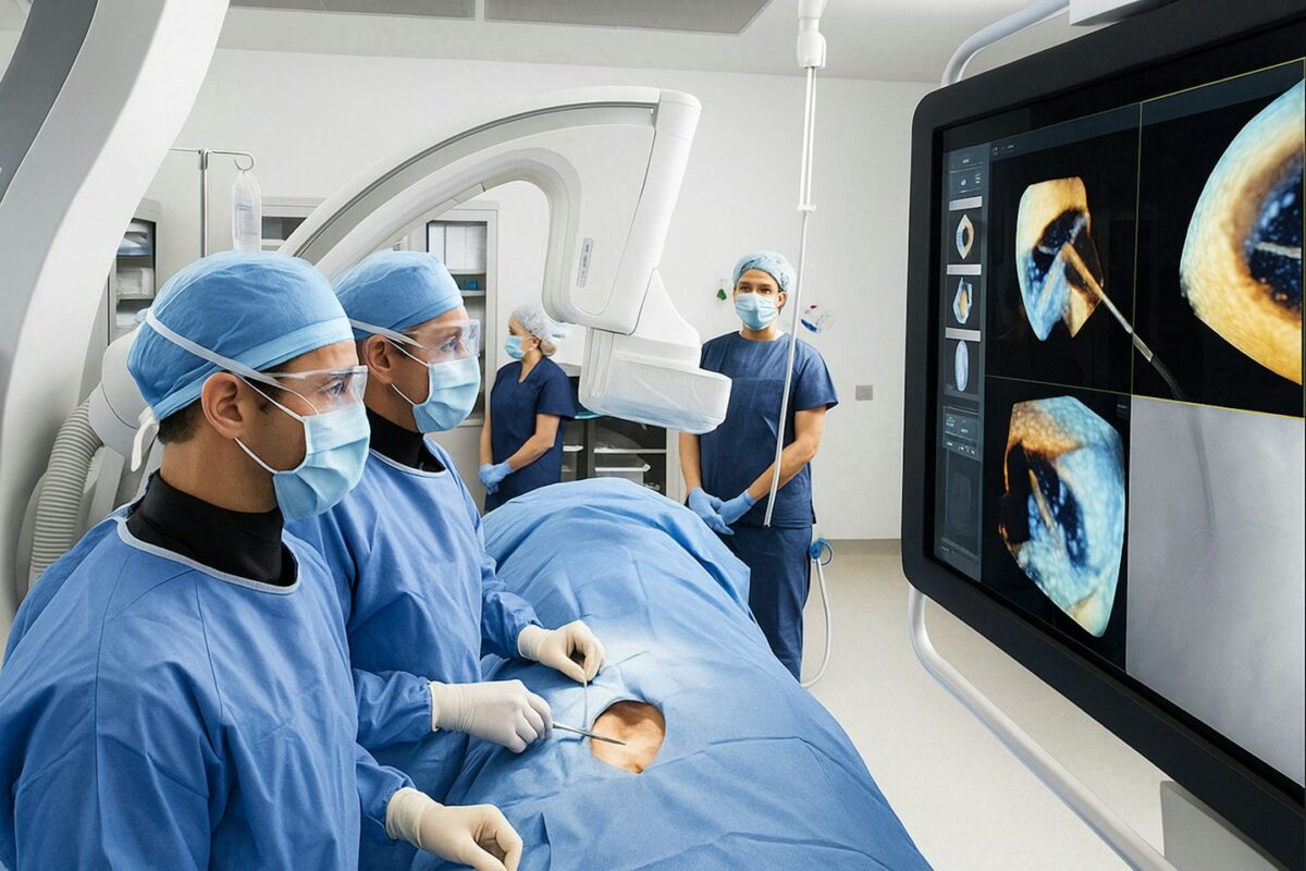 Surgeons in blue scrubs operate on a patient with monitors displaying medical data
