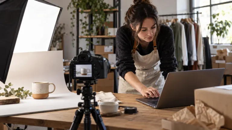 A small online business owner using an AI-assisted product photography workflow at a real tabletop studio