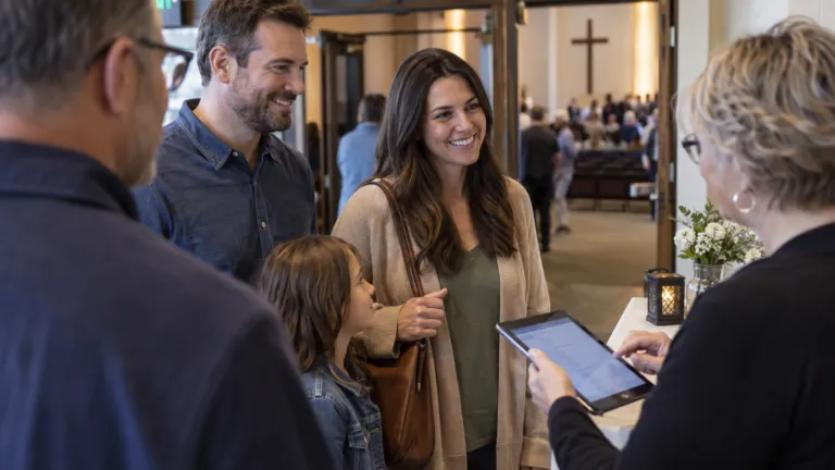 Church volunteers welcoming attendees and checking membership on a tablet in a real church foyer