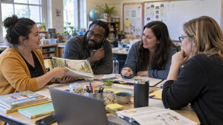 Educators exchanging lesson ideas around a real classroom table after a workshop