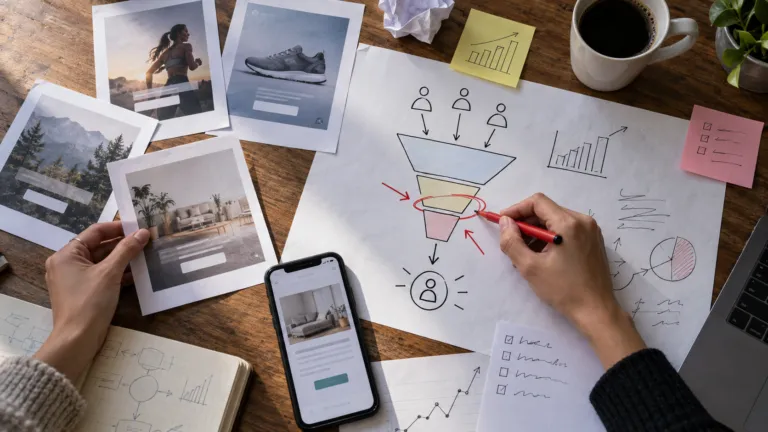 Marketer identifying a weak conversion step among ad concepts and campaign notes