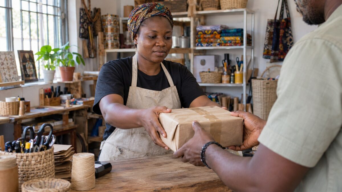 Nigerian craft creator hands a sealed paper parcel to a customer across a workshop counter, with textiles and tools on shelves behind her.