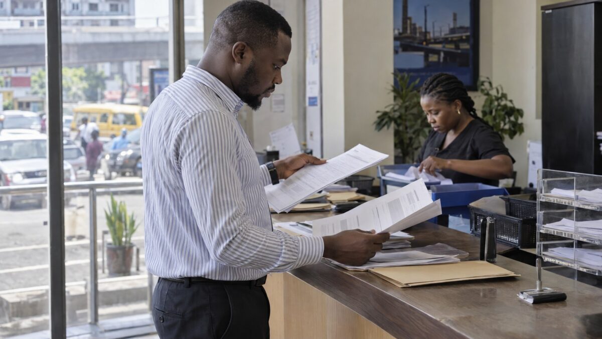 Operations manager compares merchant onboarding documents at a Lagos service counter while a clerk sorts forms in.