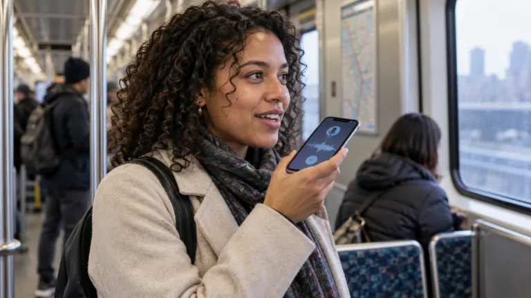 A customer speaking into a mobile service app in a real transit setting