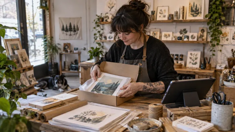 An illustrator packing subscriber rewards and prints in a small independent studio