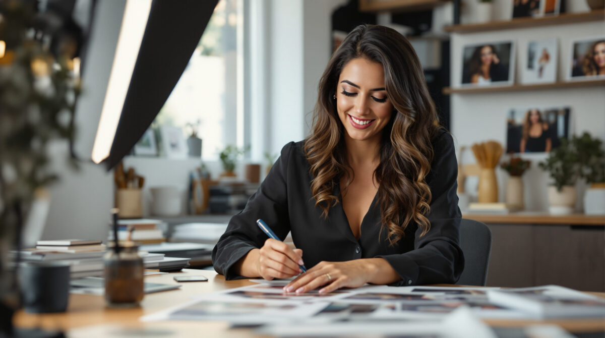 Creator preparing exclusive photos and membership material in a home workspace