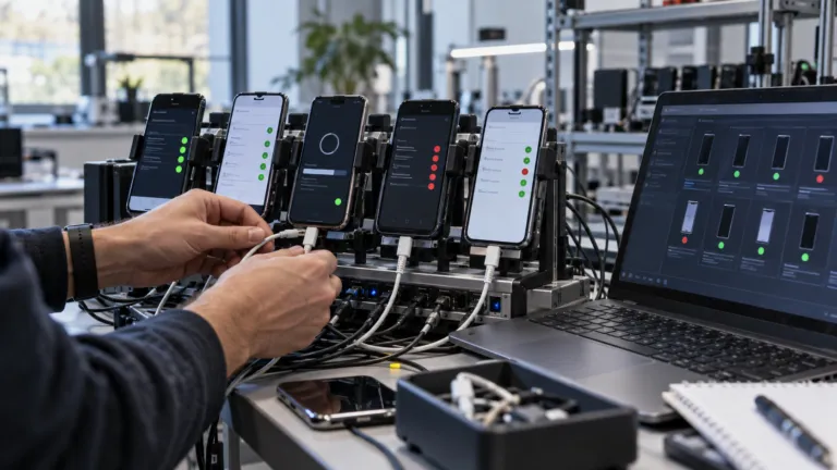 QA engineer connecting devices on an automated software testing bench