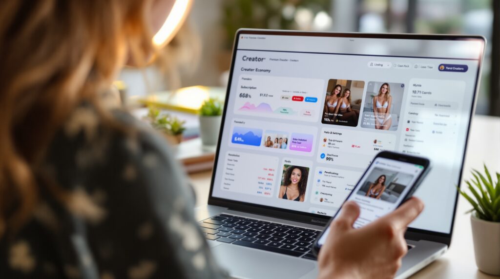 Founder reviewing a creator monetization dashboard with subscriptions, PPV content cards, and revenue analytics