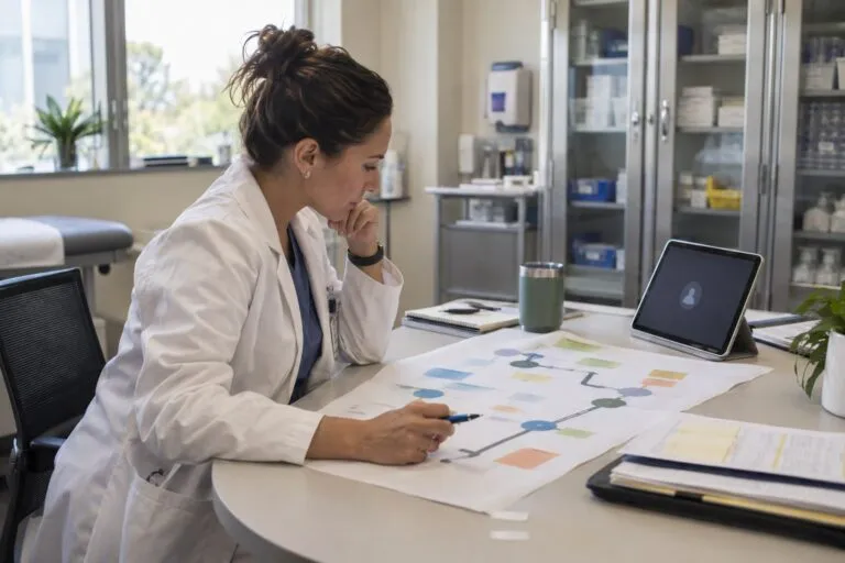 Healthcare product owner reviewing a telehealth patient journey beside a consultation tablet