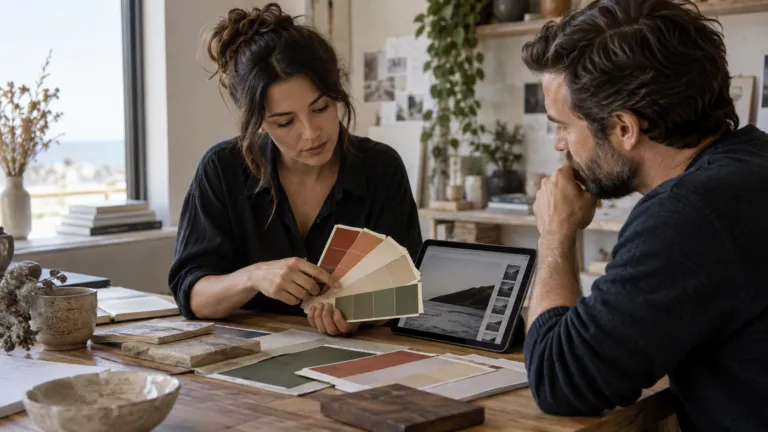 A founder and designer physically comparing brand color swatches beside an unbranded creator app displayed on a tablet
