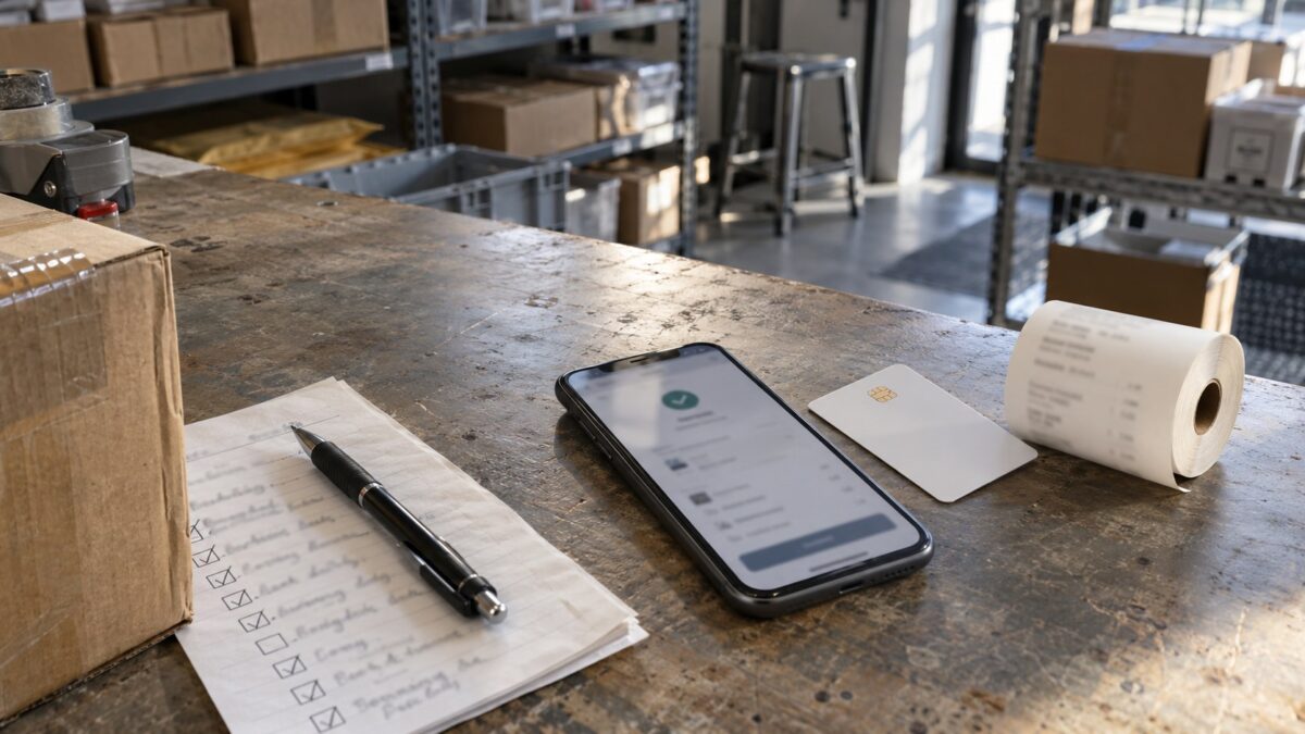 Smartphone with an indistinct payment screen, plain bank card, receipt roll, pen and handwritten checklist on a worn fulfilment counter.