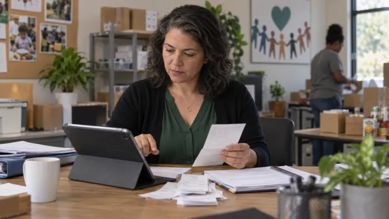 A nonprofit treasurer reconciling donation receipts and cashflow records on a tablet at a community organization office