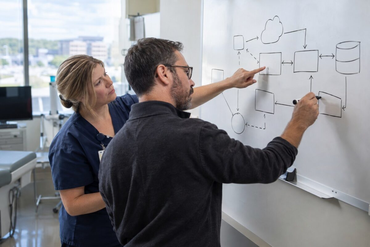 Security architect tracing telehealth data movement on a whiteboard
