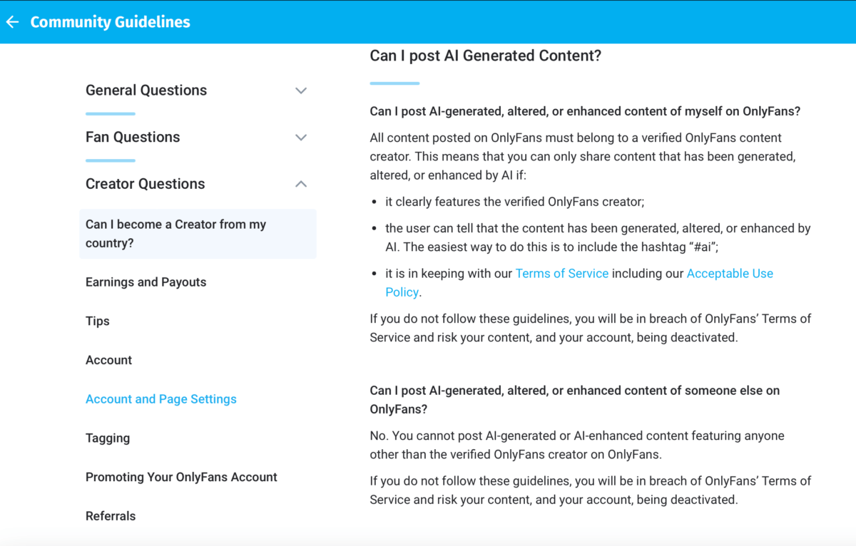 OnlyFans policy regarding ai models 