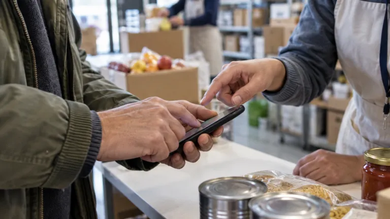 A volunteer at a community food bank helping an adult donor set up a recurring donation on a phone