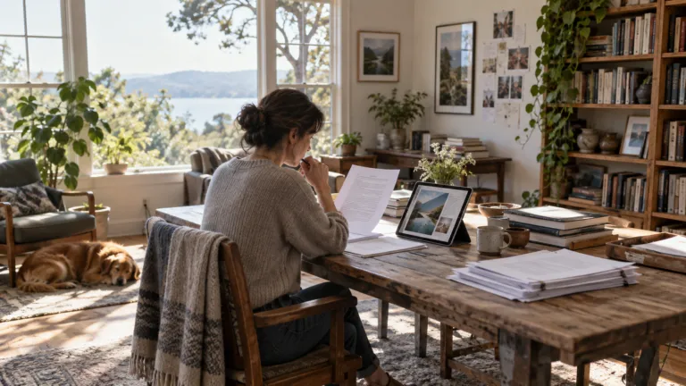 An author reviewing a manuscript and an owned subscriber publication on a tablet beside book proofs in a bright writing studio