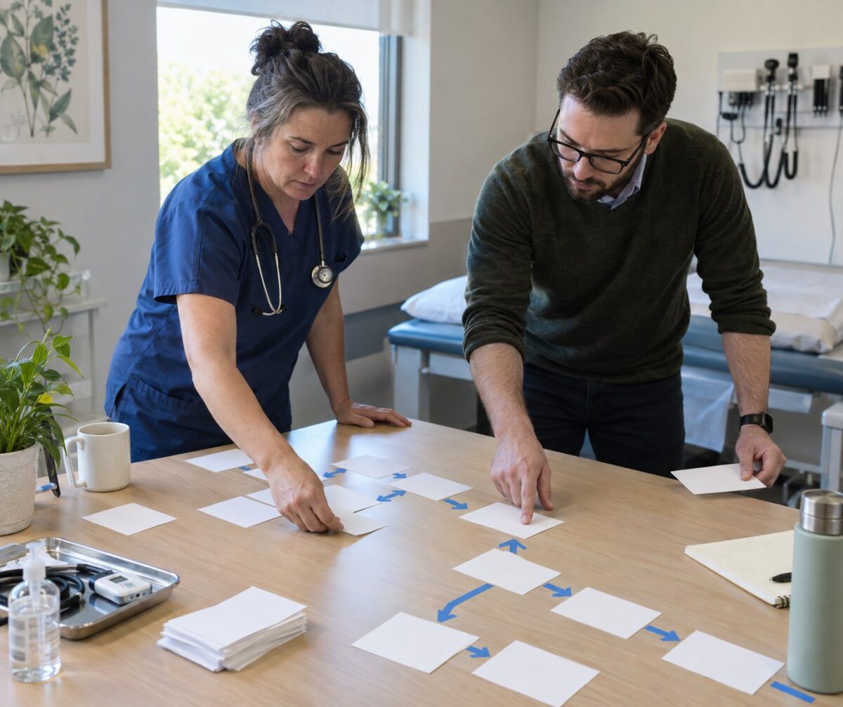 Clinician and product analyst mapping a remote-care workflow with paper cards