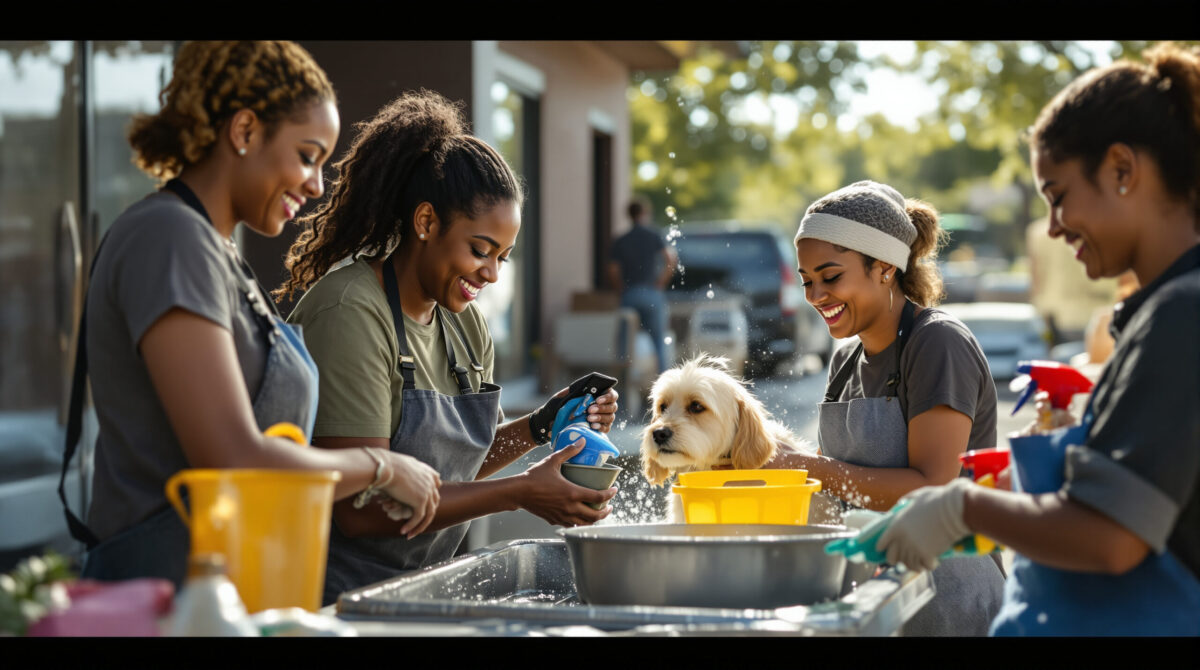 Volunteers preparing a community dog-washing fundraiser