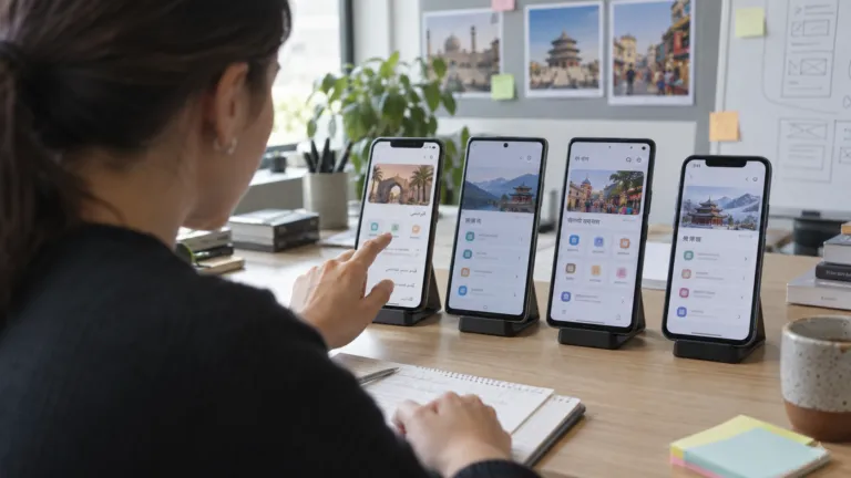 Product tester comparing localized mobile app layouts on several phones
