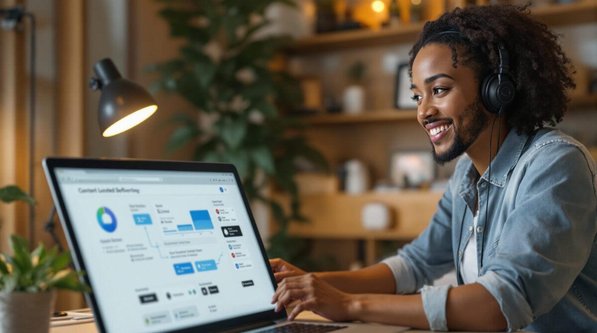 Creator checking a paid-content delivery workflow in a private workspace