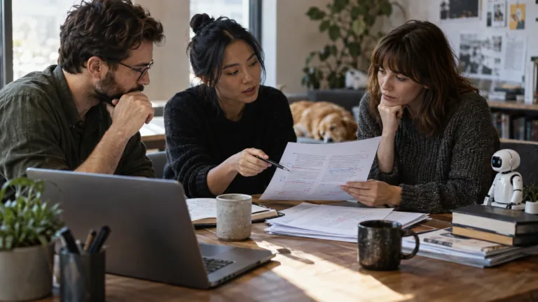 An editorial team reviewing AI-assisted article drafts printed on paper beside a laptop with abstract editing marks