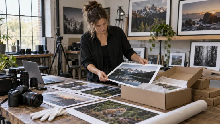 A professional photographer selecting prints for licensing and packing a paid digital photo collection in a real studio