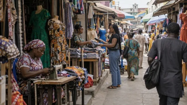 A clothing seller hands a wrapped garment to a customer paying by card in a busy open-air Lagos fashion market.