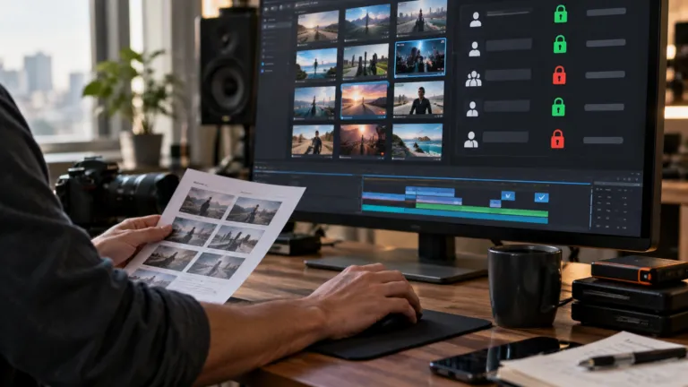 A digital media producer checking content distribution permissions in an editing suite