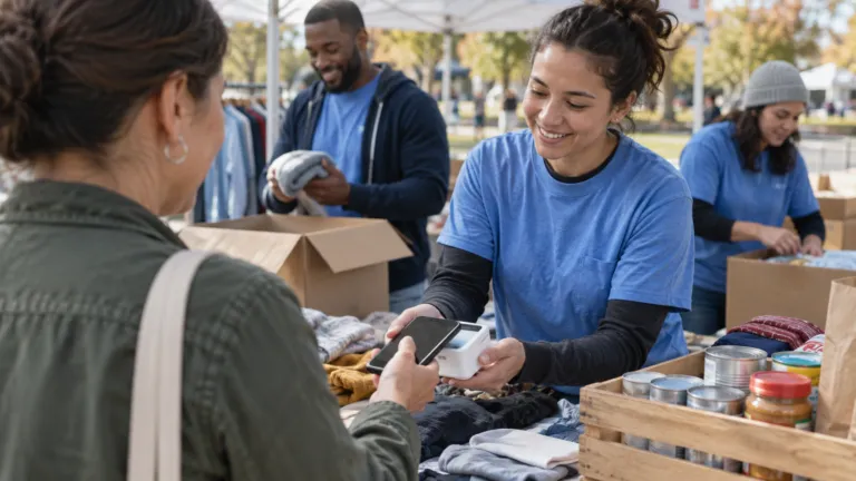 A local nonprofit collecting donations at a community event with a phone-based checkout and volunteers at work