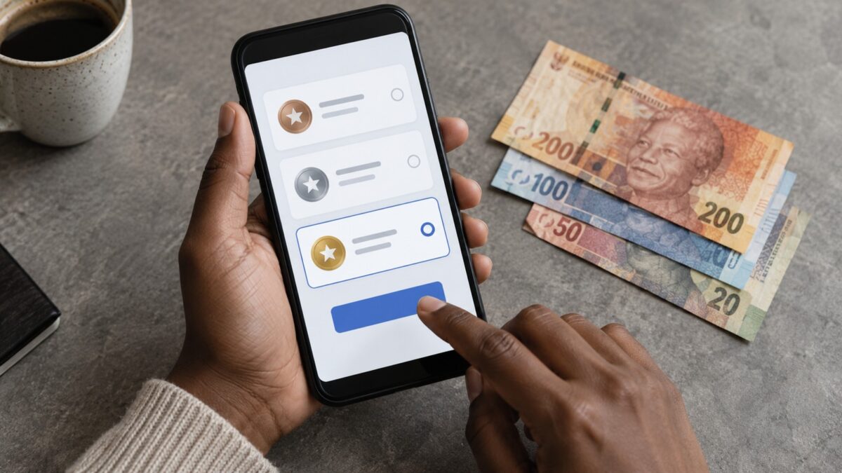 A membership checkout phone beside South African rand notes