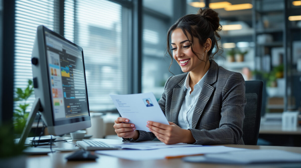 Verification specialist checking identity evidence in a secure office