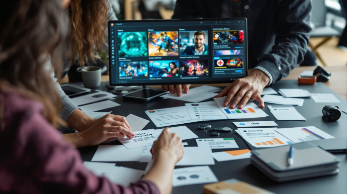 Team arranging pages and access levels for a game catalog