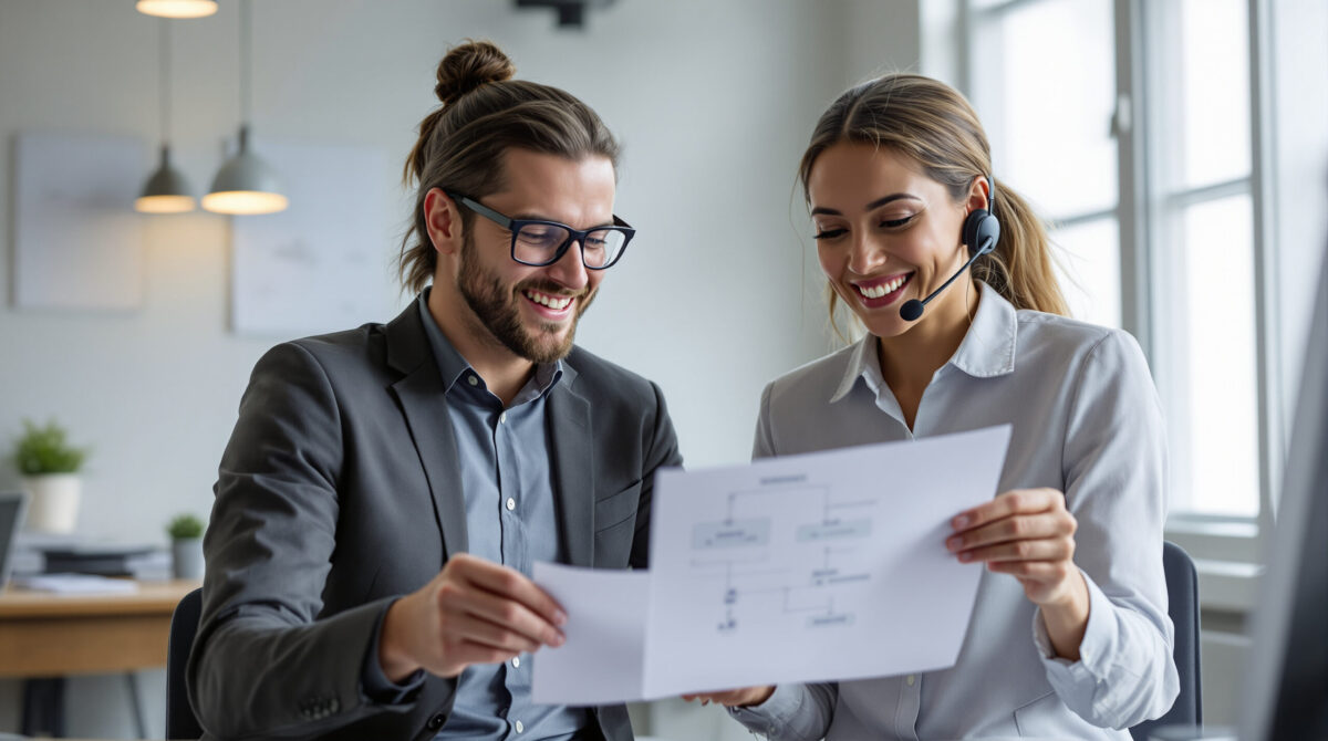 Support manager reviewing a chatbot decision flow with a developer