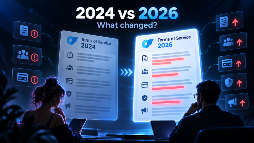 Illustrated comparison of OnlyFans Terms of Service in 2024 and 2026 with highlighted changes