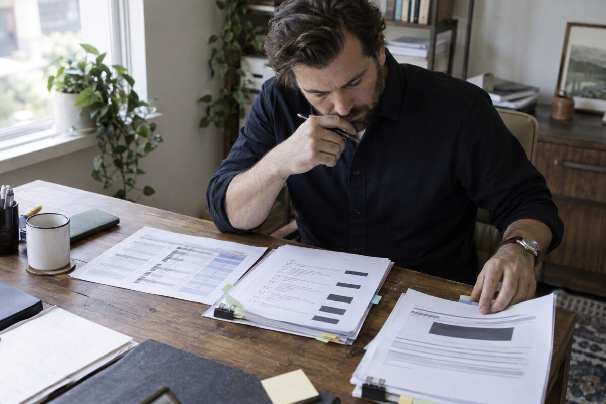 Founder comparing vendor evidence documents at a desk